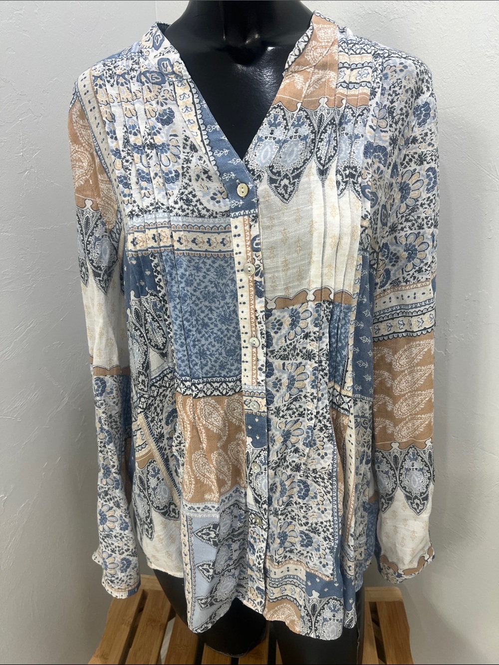 Patchwork Print Button-Down Blouse - Blue/Cream/Tan by Ruby Rd. Woman’s Medium